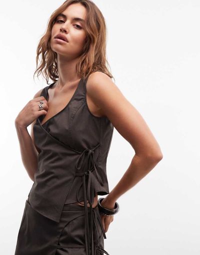 Weekday Weekday strappy wrap top in brown melange - part of a set