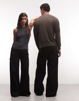 Weekday Weekday Unisex Solar loose fit wide leg jeans in black-Blue