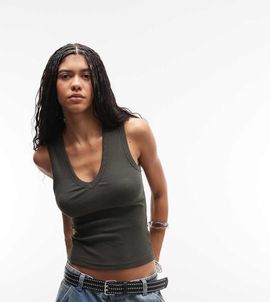 Weekday Weekday v-neck tank top in khaki - exclusive to ASOS-Green