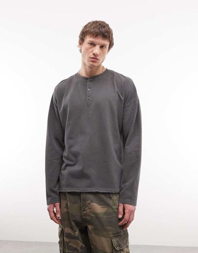 Weekday Weekday Vinny Henley long sleeve cotton top in gray wash