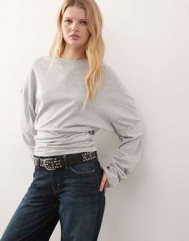 Weekday Weekday volume long sleeve top with cinched gathered waist in gray melange