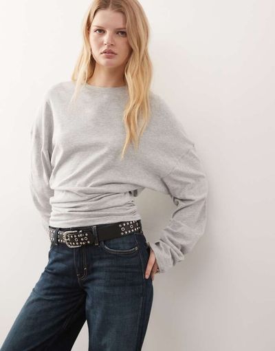 Weekday Weekday volume long sleeve top with cinched gathered waist in gray melange