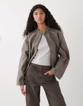 Weekday Weekday washed canvas zip up jacket in khaki-Green