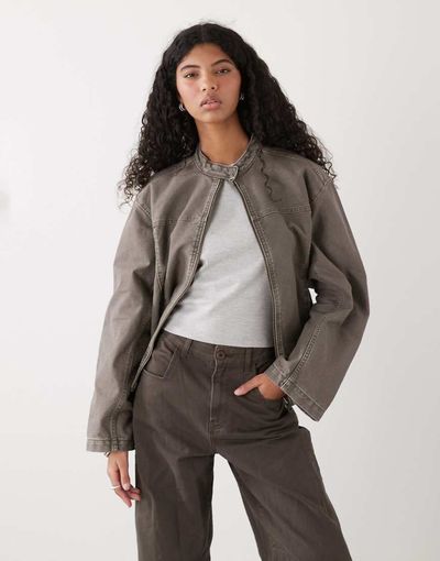 Weekday Weekday washed canvas zip up jacket in khaki-Green