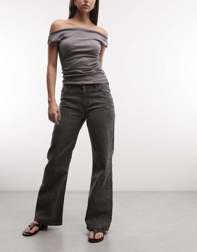 Weekday Weekday wide leg flare pants with texture detail in dark gray wash