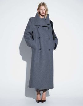 Weekday Weekday wool blend double breasted coat with funnel neck and shoulder pads in dark gray melange