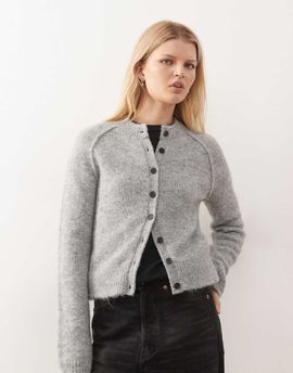 Weekday Weekday wool blend fitted cardigan in gray melange
