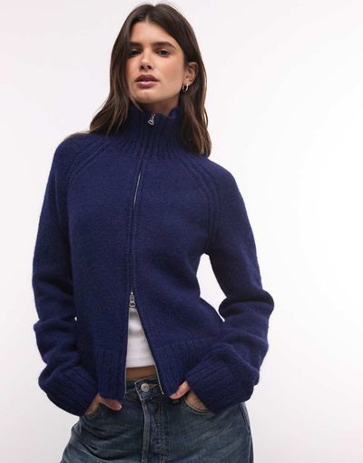 Weekday Weekday wool blend hairy knit zip up cardigan in heathered navy