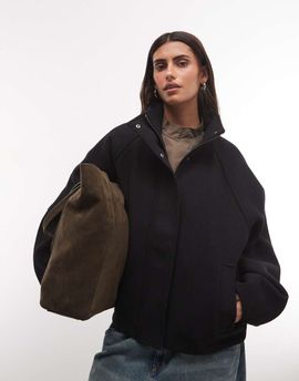 Weekday Weekday wool blend jacket with funnel neck collar in black