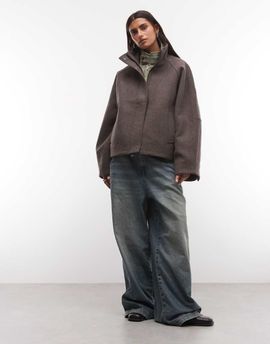 Weekday Weekday wool blend jacket with funnel neck collar in mole melange-Brown