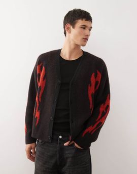 Weekday Weekday wool blend oversized cardigan with flame graphics in black