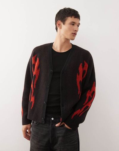 Weekday Weekday wool blend oversized cardigan with flame graphics in black