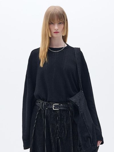 Wesley Hyuston Fringe Sleeveless Layered Punching Knit [Black]