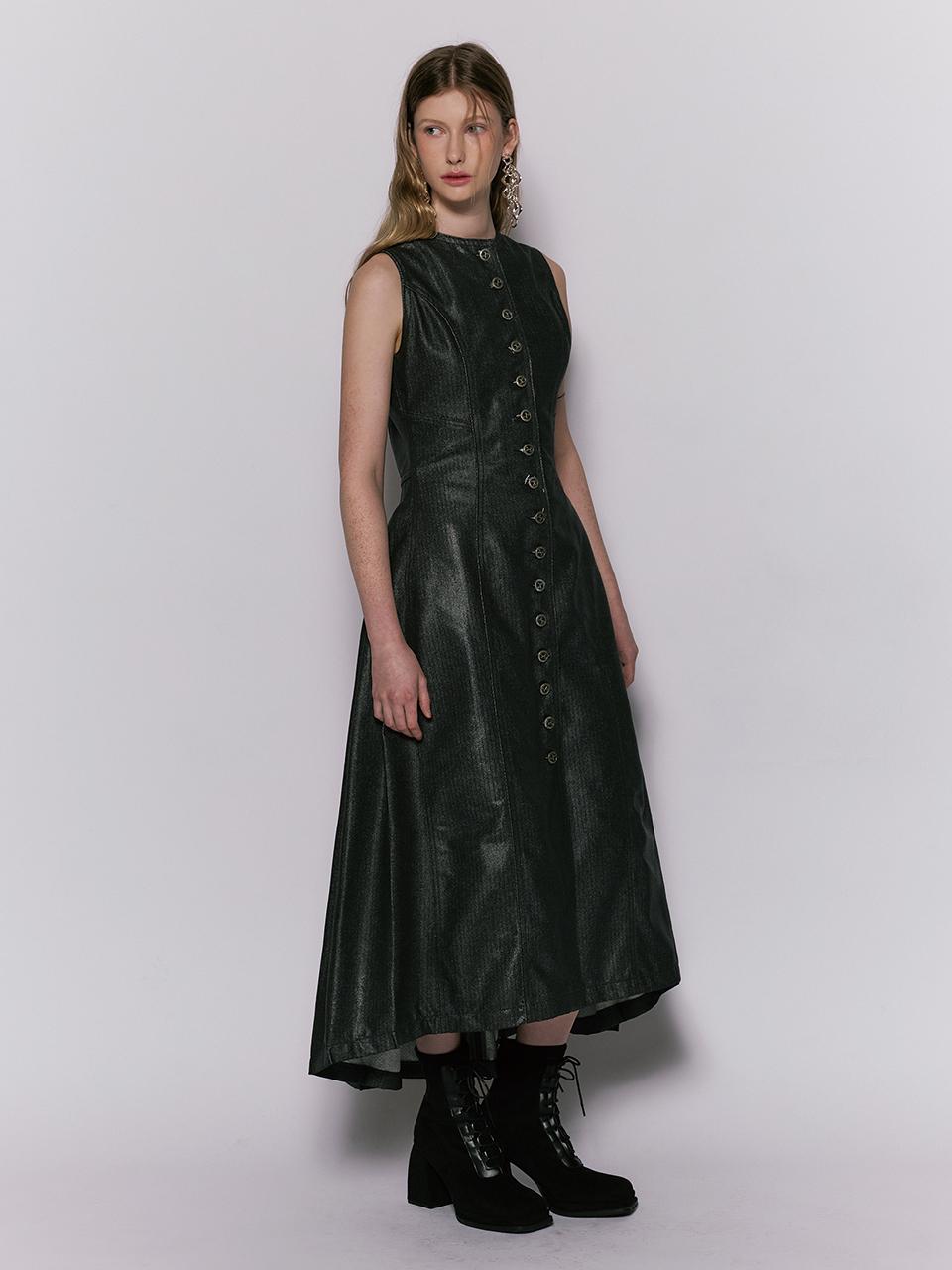 Wesley Hyuston Herringbone Glow Denim Long Tuck Dress [Black]