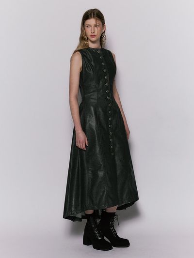 Wesley Hyuston Herringbone Glow Denim Long Tuck Dress [Black]