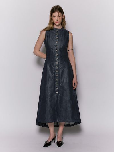 Wesley Hyuston Herringbone Glow Denim Long Tuck Dress [Indigo]