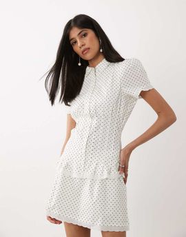 WeWoreWhat WeWoreWhat cinched button up top in white polka dots