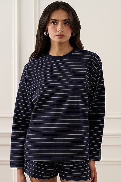WeWoreWhat WeWoreWhat Long Sleeve Boxy Shirt in Dark Navy Ivory, Women's at Urban Outfitters