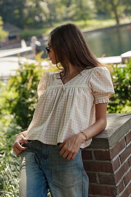 WeWoreWhat WeWoreWhat Puff Sleeve Baby Doll Top in Gingham Soybean, Women's at Urban Outfitters