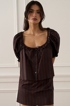 WeWoreWhat WeWoreWhat Puff Sleeve Button Up Top in Brown Navy, Women's at Urban Outfitters