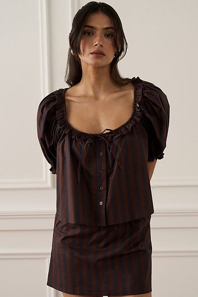 WeWoreWhat WeWoreWhat Puff Sleeve Button Up Top in Brown Navy, Women's at Urban Outfitters