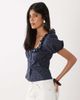 WeWoreWhat WeWoreWhat ruffle trim button up top in navy - 1