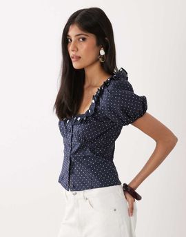 WeWoreWhat WeWoreWhat ruffle trim button up top in navy