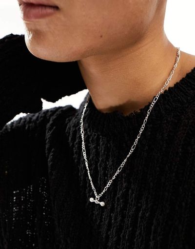 WFTW WFTW figaro chain necklace with T bar pearl pendant in silver
