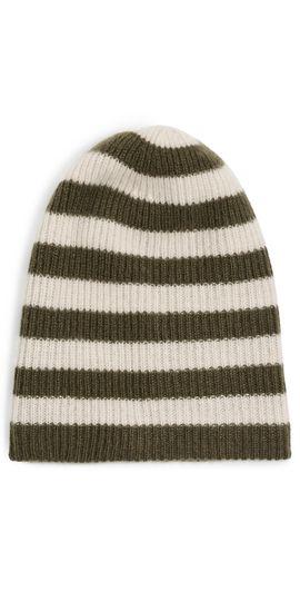 White & Warren White & Warren Cashmere Striped Beanie Deep Olive/Natural Heather One