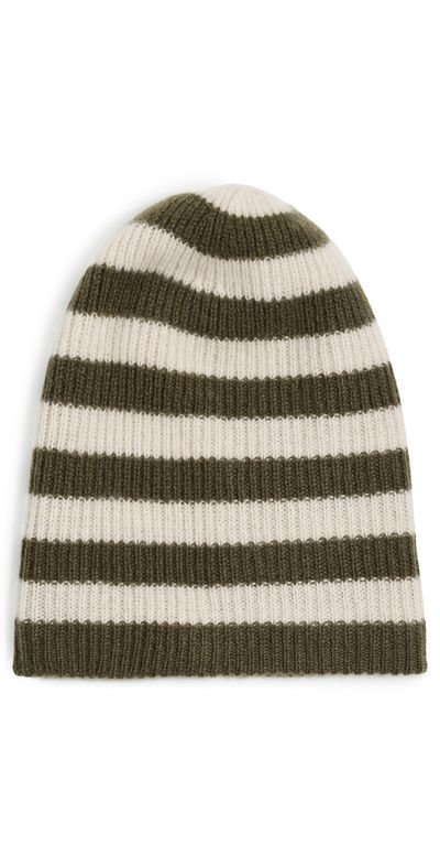 White & Warren White & Warren Cashmere Striped Beanie Deep Olive/Natural Heather One