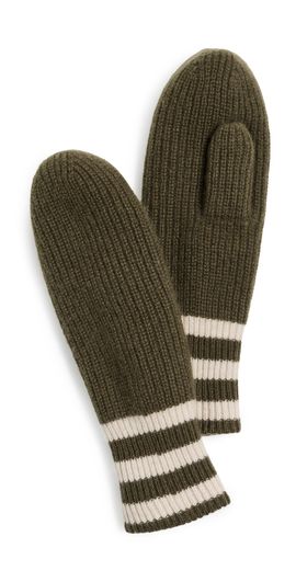 White & Warren White & Warren Cashmere Striped Mittens Deep Olive/Natural Heather One