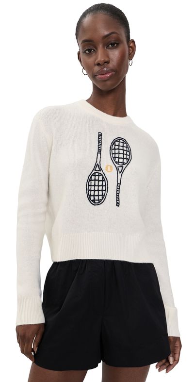 White & Warren White & Warren Cashmere Tennis Racquet Sweatshirt Soft White Combo