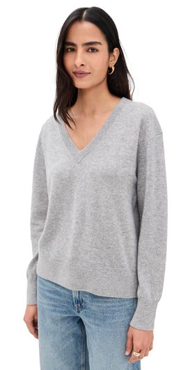 White + Warren White + Warren Cashmere V Neck Pullover Grey Heather M