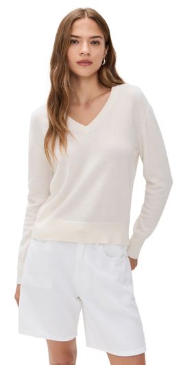 White & Warren White + Warren Cashmere V Neck Soft White S