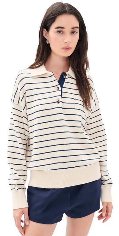White & Warren White & Warren Cotton Striped Polo Ivory/Navy Stripe