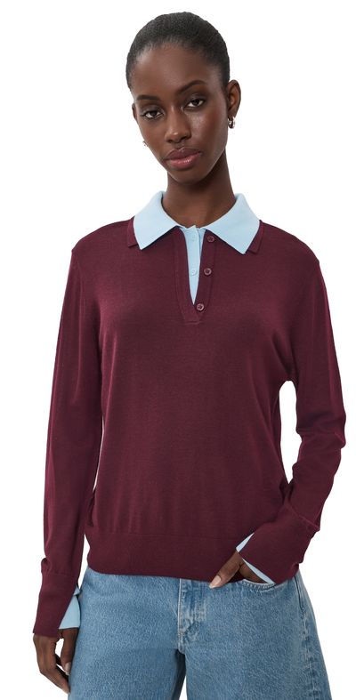 White & Warren White & Warren Superfine Merino Wool Layered Polo Black Cherry/Light Blue Trim