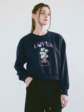 WHOLOVESART Flower Print Cropped Cotton Blend Sweatshirt [Navy]
