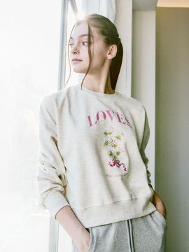 WHOLOVESART Love Flower Cropped Cotton Blend Sweatshirt [Ecru]