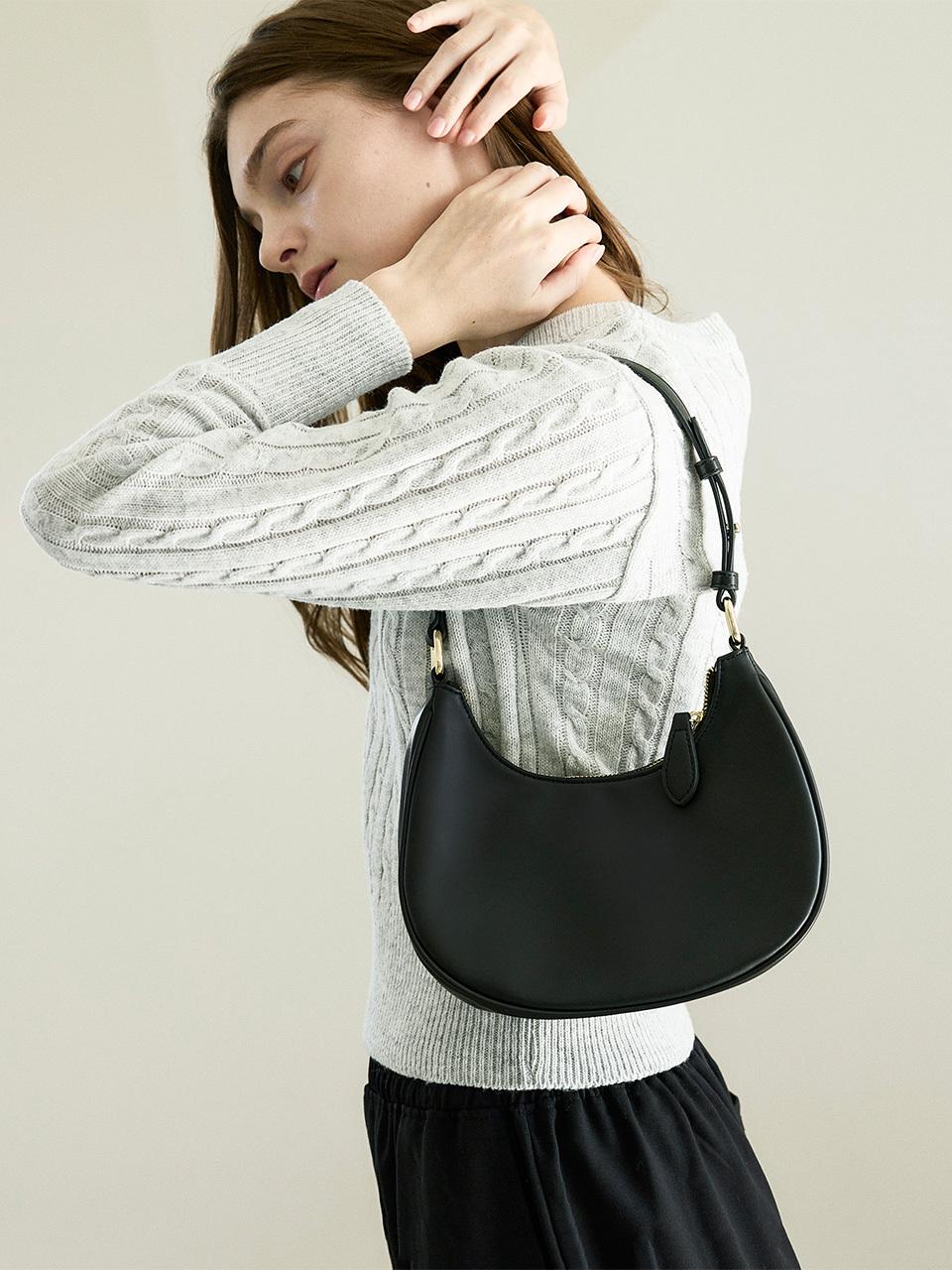 WHOLOVESART Vegan Leather Half Moon Hobo Bag [Black]