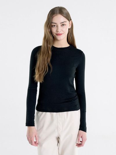 WHOLOVESART Wool Tencel Long Sleeve Crew Neck T-shirt [Black]
