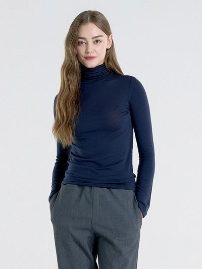 WHOLOVESART Wool Tencel Slim Fit Turtleneck T-shirt [Navy]