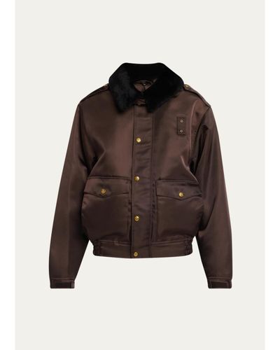Willy Chavarria Faux-Fur Collar Shiny Nylon Uniform Bomber Jacket