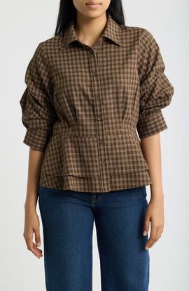 Wit & Wisdom Wit & Wisdom Plaid Ruched Sleeve Peplum Shirt