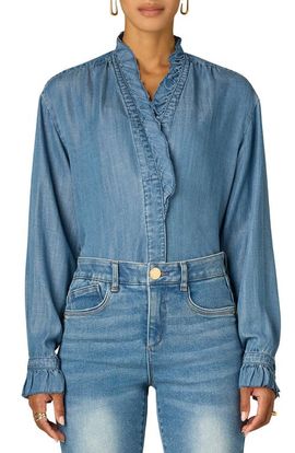 Wit & Wisdom Wit & Wisdom Ruffle Neck Lyocell Chambray Shirt
