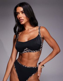 Wolf & Whistle Wolf & Whistle hidden underwire bikini top with leopard contrast in black-Multi