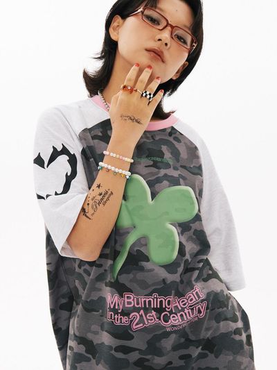 WONDER VISITOR Clover Overfit Raglan T-shirt [Camo Grey]