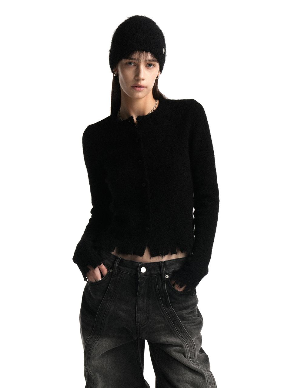 WOOALONG Distressed Knit Round Cardigan [BLACK]