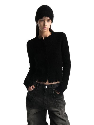 WOOALONG Distressed Knit Round Cardigan [BLACK]