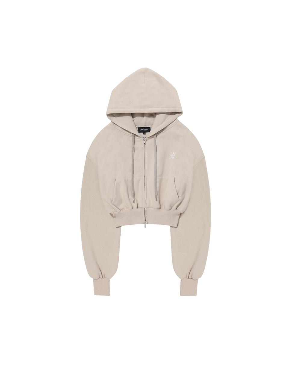 WOOALONG Fleece-lined Signature Crop Hood Zip-up Hoodie [Beige]