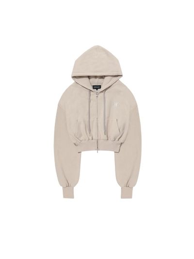 WOOALONG Fleece-lined Signature Crop Hood Zip-up Hoodie [Beige]